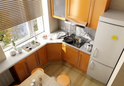 Köşe 5 metre mutfak buzdolabı ve yemek masası ile. Zest - pencere eşiği lavabolu bir tezgaha dönüştürülür