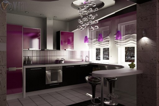 Dapur di nada lilac dengan kaunter bar kelihatan luar biasa dan elegan