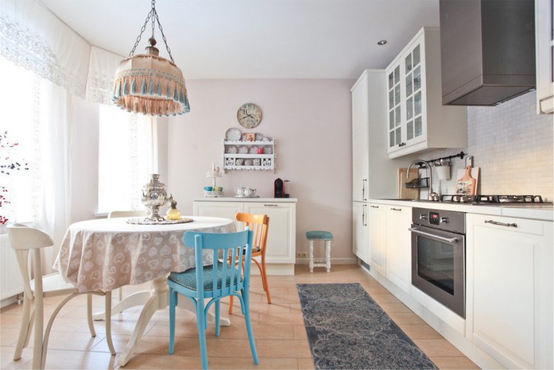 Linear layout of kitchen-dining room