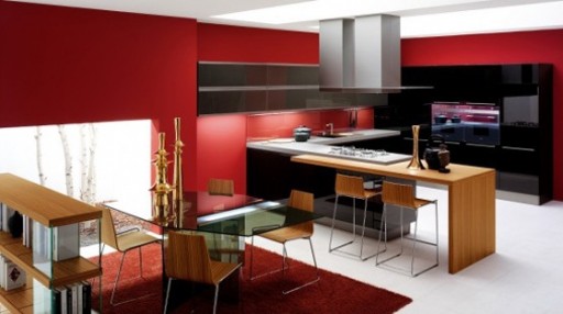 Černý kuchyňský nábytek na pozadí červených zdí bude vypadat lépe, pokud podlaha a strop zůstávají světlé