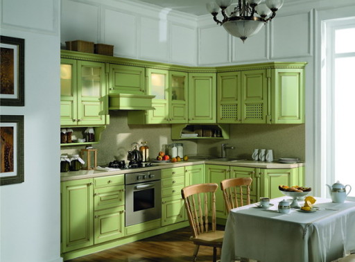 Untuk dapur yang besar dan luas, pilihan terbaik adalah suite zaitun dalam gaya klasik