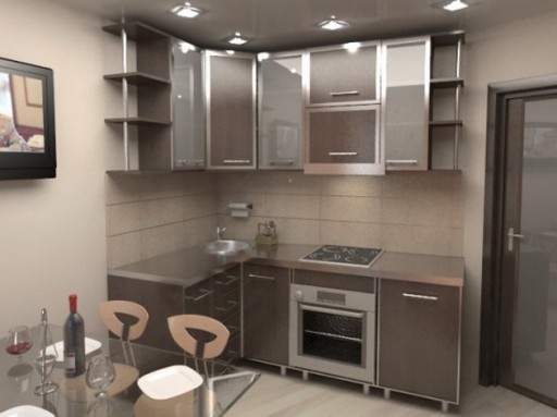 Mutfağın köşesine bir lavabo yerleştirirseniz, diğer mobilyalar için daha fazla alan olacaktır.