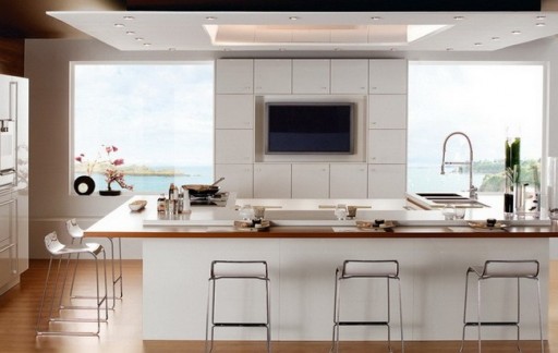 Interior dapur dengan bar-island dapat dibuat lebih asli dengan menempatkannya di tengah ruangan