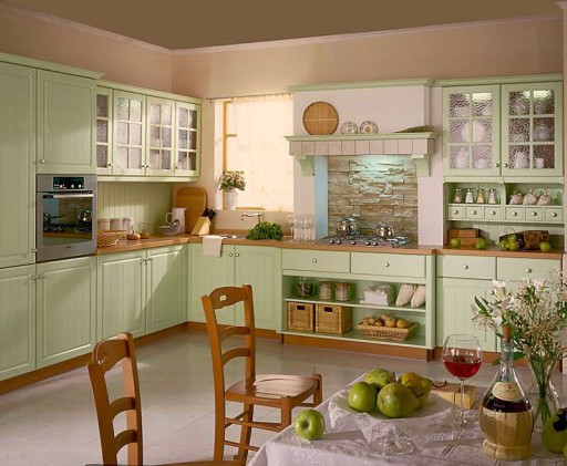 Interior dapur, dihiasi dengan warna pistachio, keadaan yang menyegarkan