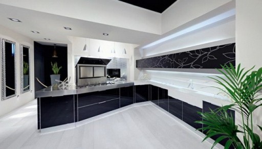 Mustavalkoinen keittiö näyttää ylellisiltä hienojen, kiiltävien julkisivujen ansiosta