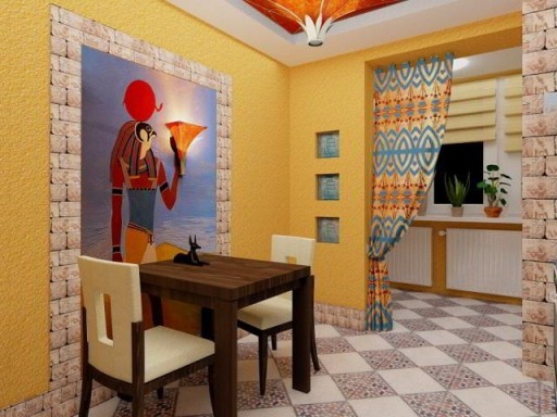 Virtuvės dizainas su balkonu Egipto stiliumi