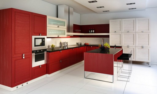 Barisan set dapur yang dipenuhi dengan warna merah yang menguntungkan berwarna hitam dan putih