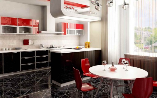 Interiér černé a bílo-červené kuchyně může být navržen podle vzorce