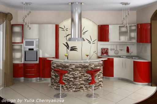 Desain dapur dengan bar-island menekankan semua kelebihan interior