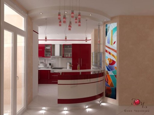 Desain pengarang dapur dengan meja bar dari Julia Chernyakova memperhitungkan tata letak apartemen ini