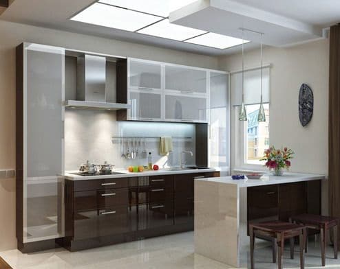 Kertas dinding terang - pilihan terbaik untuk dapur kecil, dengan mereka ia akan kelihatan lebih luas