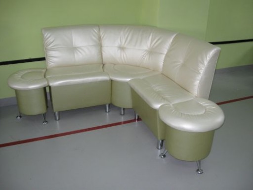 Sofa dapur dengan upholsteri leatherette tidak memerlukan penjagaan khas dan penjagaan yang kompleks