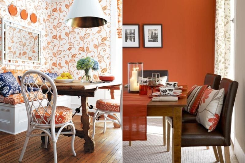 Oransje og brune nyanser i interiøret i spisestuen