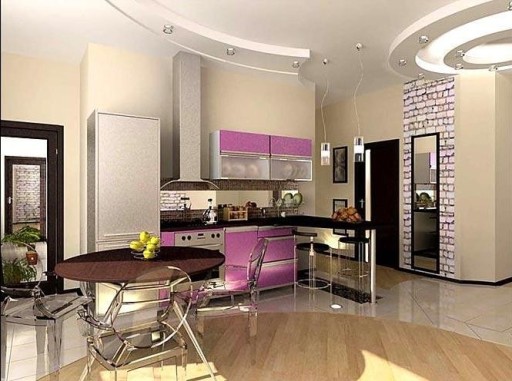 Jenis konsol kaunter bar hitam di bahagian dalam studio dapur lilac-beige