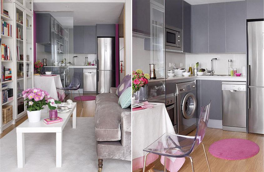 Siva kuhinja z vijoličnimi in roza naglasi