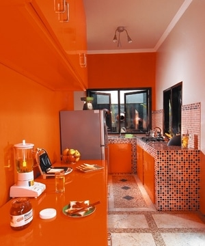 Overfloden av oransje farge frata kjøkkenet med hjemmekomfort, men det passer de målbevisste innbyggerne til megasiteter