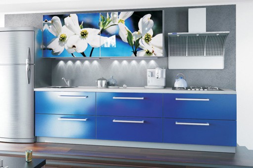 Bright floral print on the blue facades - an unconventional kitchen decoration solution