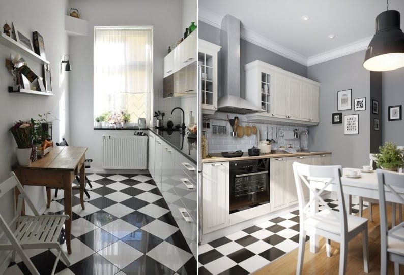 Kök med svartvitt golv