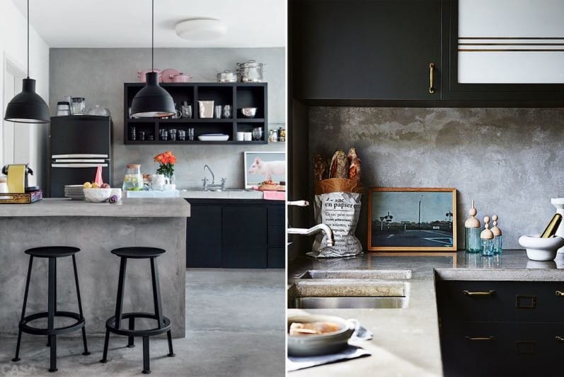 Kombinationen av svart och grått i kökets inre