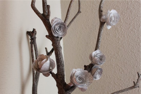 Decoration from branches and paper roses