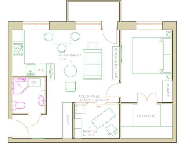 Disposition d'un appartement avec une cuisine et un salon combinés