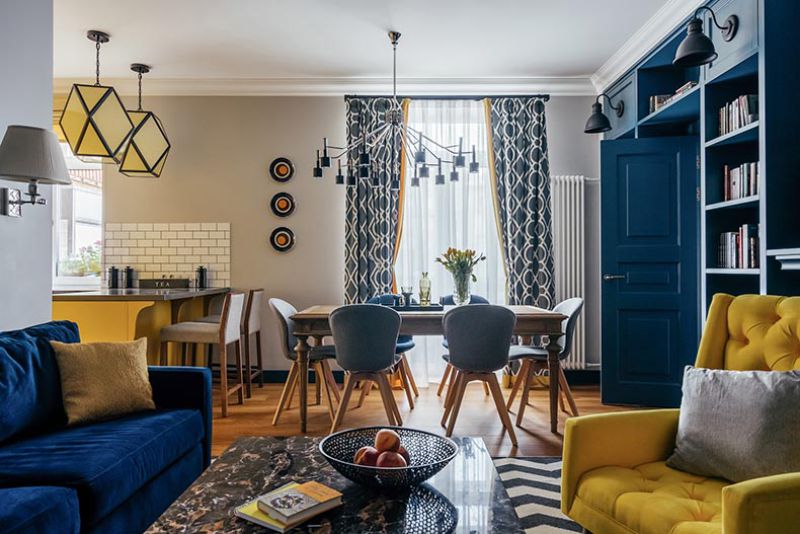 Keuken-woonkamer in geel en blauw