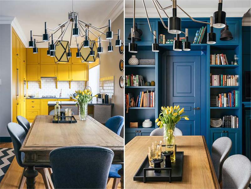 Kuhinja-dnevna soba v rumeni in modri barvi