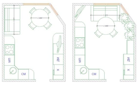 Pelan dapur dengan pemadam separuh dan sofa