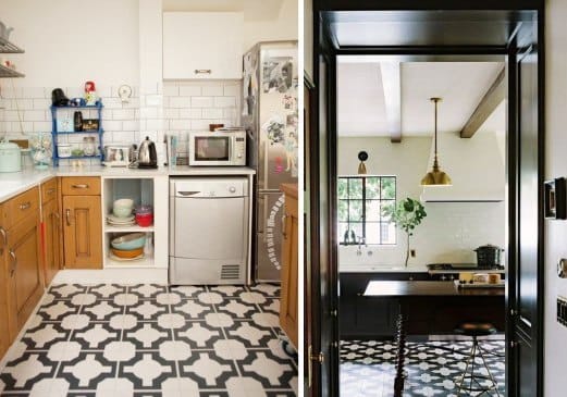 Kontrasterende gulv i kjøkkenet av fliser