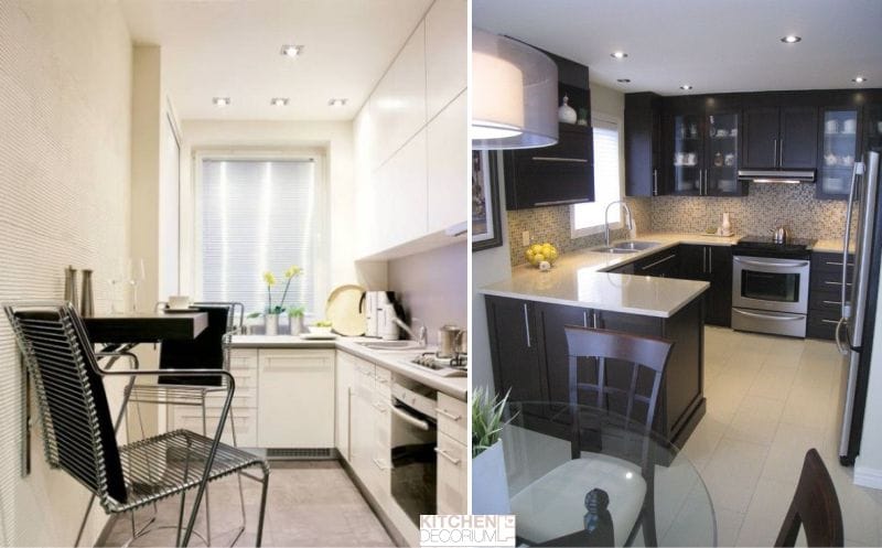 One-level ceiling from plasterboard in the interior of a small kitchen