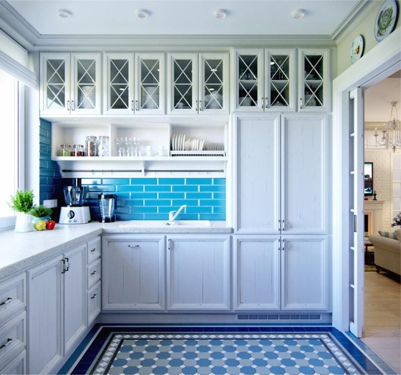 Modra in modra v notranjosti kuhinje
