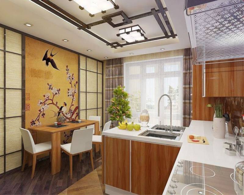 Houten plafondafwerking in het interieur van de keuken in Japanse stijl