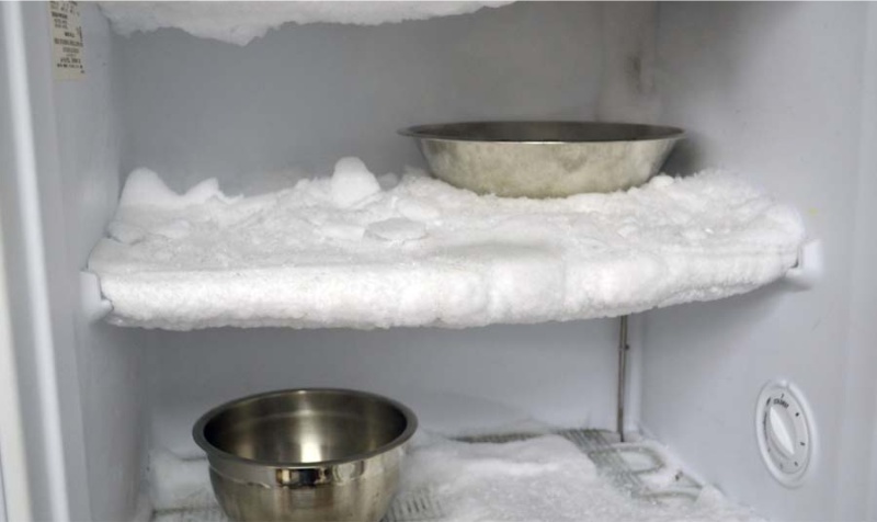 Accelerated defrosting of the refrigerator with steam from boiling water in bowls