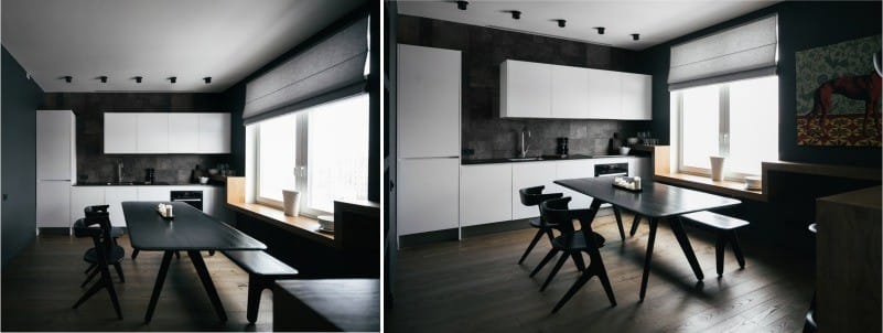 Rímske záclony vo vnútri kuchyne v štýle minimalizmu