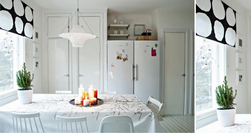 Krátke záclony v kuchyni v škandinávskom štýle