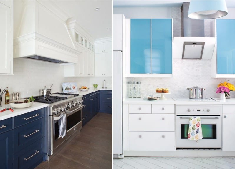 Biela a modrá stupnica v interiéri kuchyne