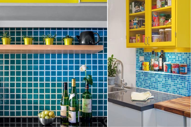 Žltá a modrá v dizajne pracovnej plochy kuchyne