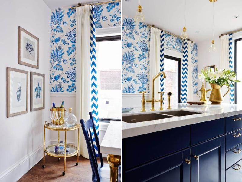 Biela modrá kuchyňa so zlatými detailmi