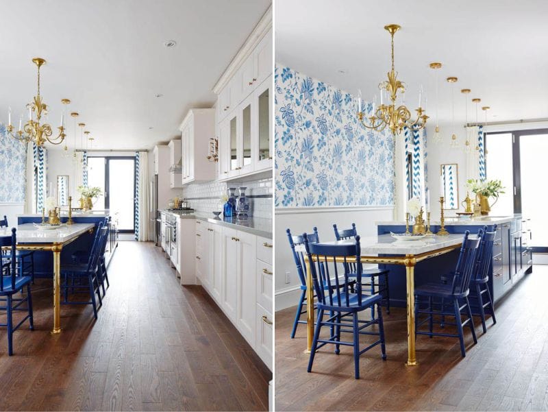 Biela modrá kuchyňa so zlatými detailmi