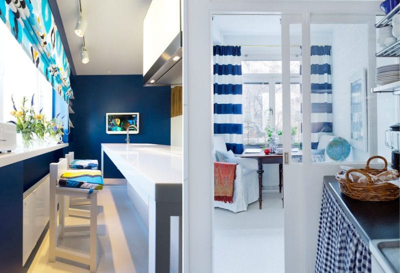 Blå gardiner i kjøkkenets indre