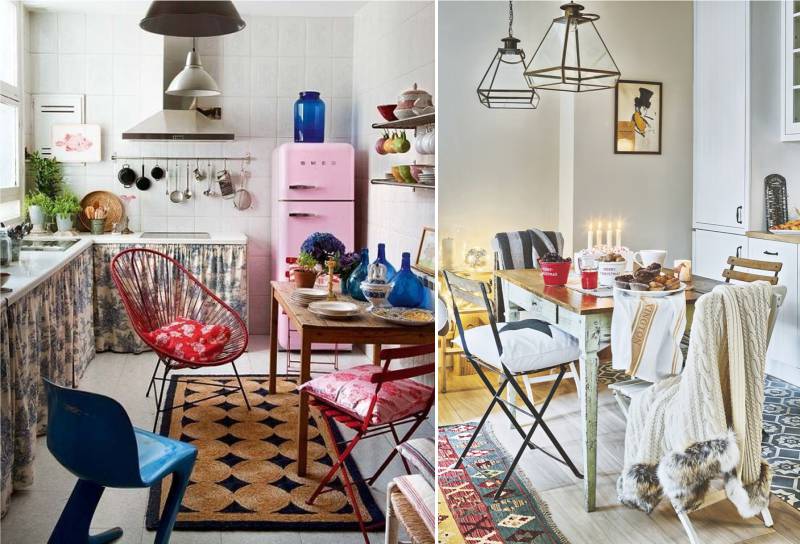 Olika stolar i kökets interiör i rustik stil