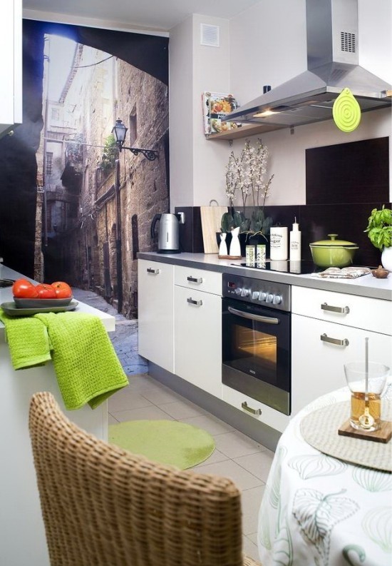 Foto bakgrundsbilder i ett litet kök