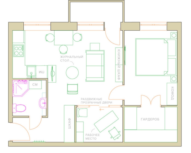 Layout av en lägenhet med kombinerat kök och vardagsrum