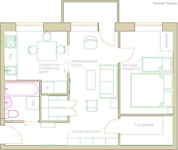 Planen i lägenheten med överföringen av skiljeväggen och ökningen av kökets yta på grund av vardagsrummet och korridoren