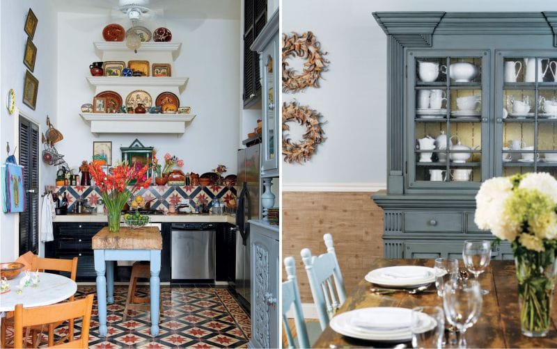 Interiør av et bruntblått kjøkken og en spisestue i middelhavsstil