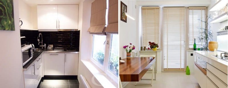 zavese v notranjosti kuhinje v slogu minimalizma
