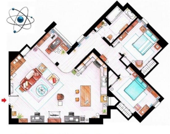 แผนอพาร์ตเมนต์ของห้องครัวและห้องนั่งเล่นของ Sheldon and Leonard