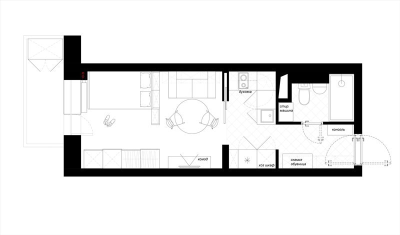 Plan een appartement-studio met een keuken