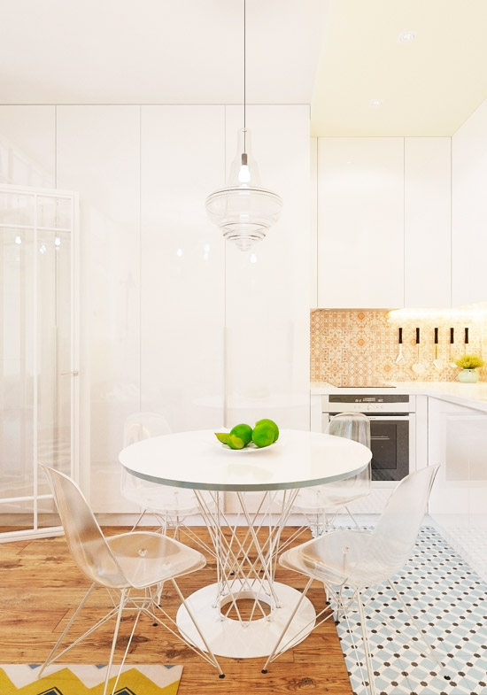 Kuhinja-dnevna soba s stekleno predelno steno