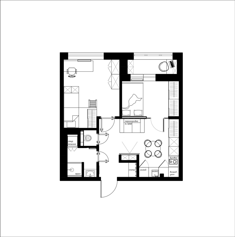 Plan keuken-woonkamer zonder een raam